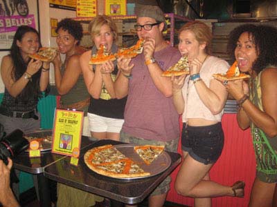 08-24-11 Six members of the cast of "Hair" eat the pizza named in their honor at Two Boots Pizza on Ninth Ave between 44th and 45th Streets. Thursday afternoon 08-23-11