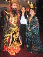 08-29-13 Dr. Xiuli Meng (center) with two models dressed in costumes of "The Legend of Emperor Qin" at a press conference at the Minskoff Theatre. 200 West 45th St. 08-28-13. photo by: aubrey reuben