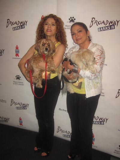 08-06-16 Bernadette Peters (L) and Gloria Estefan with two cute dogs at the 18th Annual Broadway Barks Adoption Event at the Broadwhurst Theatre. 235 West 44th St. Saturday afternoon. 07-30-16.  Photo by:  Aubrey Reuben