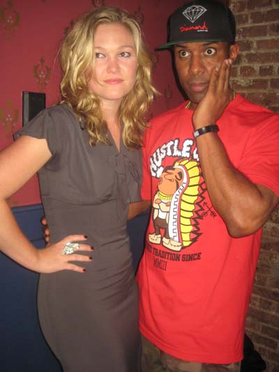 08-08-14 Cast member Julia Stiles and DJ Whoo Kid at the opening night party for "Phoenix" at The Leonora. 529 West 29th St. Thursday night. 08-07-14.  Photo by:  Aubrey Reuben