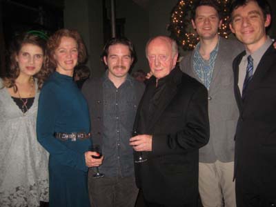 12-11-12 Cast members (L-R) Katie Fabel. Kristin Griffith. Rory Duffy. Peter Maloney. Ian Holcomb. Max Gordon Moore at the opening night party for "It's A Wonderful Life" at the Irish Repertory Theatre. 5132 West 22nd St. Monday night 12-10-12