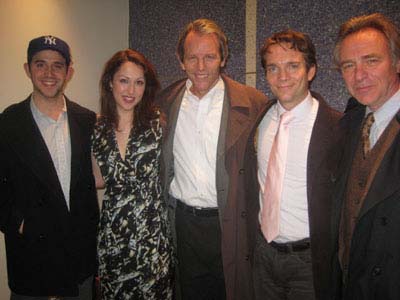 12-13-11 Cast members (L-R) Santino Fontana. Kelley Curran. Stephen Bogardus. Chad Hoeppner. Casey Biggs at a reception after a benefit stage reading of "Charley's Aunt" for the Acting Company in the lobby of Playwrights Horizons. 416 West 42nd St. Monday night 12-11-11