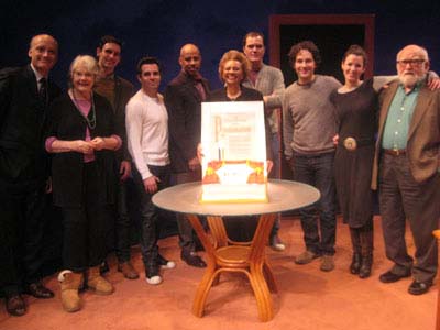 12-21-12 (L-R) Frank Wood. Lois Smith. Cory Michael Smith. Mario Cantone. Ruben Santiago-Hudson. Leslie Uggams. Michael Shannon. Paul Rudd. Kate Arrington. Ed Asner celebrate the Centennial of the Cort Theatre with a cake and a proclamation from the mayor at the Cort Theatre.