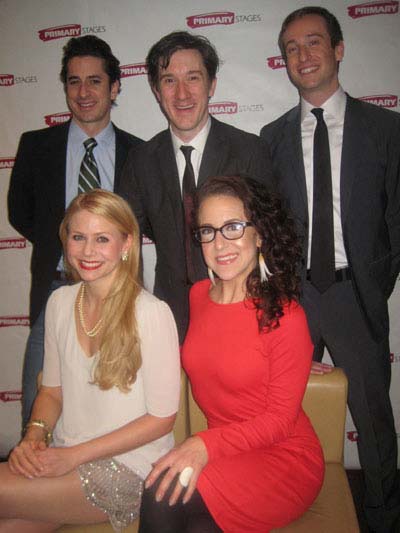 02-13-13 Cast members (L-R) Back row Matthew Saldivar. Carson Elrod. Eric Clem (front row) Liv Rooth. Jenn Harris at the opening night party of "All in the Timing" at the Volstead. 125 East 54th St. Cafe. Tuesday night 02-12-13