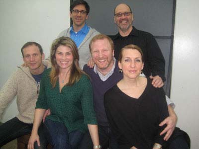 02-07-12 (L-R) front row Jeff Bowen. Heidi Blickenstaff. Hunter Bell. Susan Blackwell. back row director Michael Berresse. musical director Larry Pressgrove at a a photo op. for "Now. Here. This. at rehearsal studios.115 West 45th St. Monday morning 02-06-12