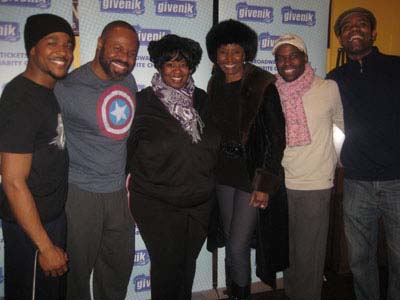 02-22-12 Four male cast members and female cast member NaTasha Yvette Williams (L center) and B. Smith (R center) at Giveniks.com and "The Gershwins' Porgy and Bess" post-performance reception to support Broadway Cares/Equity Fights AIDS at B.Smith's restaurant. 320 West 46th St. Tuesday night 02-21-12