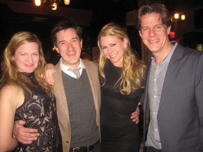02-25-15 Four of the five cast members (L-R) Liv Rooth. Carson Elrod. Kelly Hutchinson. Rick Holmes at the opening night party for Primary Stages' production of "Lives of the Saints" at the Tir Na Nog. 315 West 39th St. Tuesday night 02-14-15.  Photo by:  Aubrey Reuben