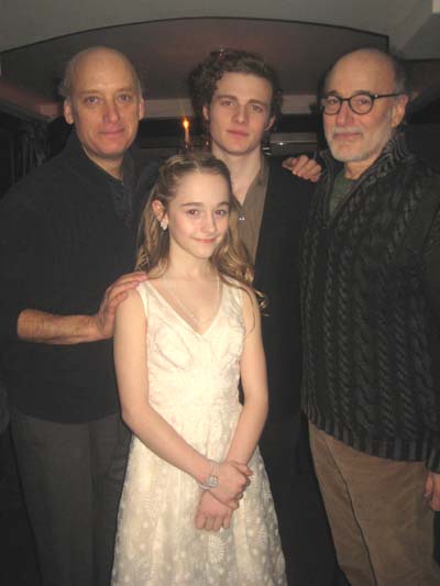 02-25-15 Four of the five cast members (L-R) Frank Wood. Ben Rosenfield. Peter Friedman. (in front Sophia Anne Caruso at the opening night party for of MCC Theater's production of "The Nether" at 49  Grove. 49 Grove St. Tuesday night 02-14-15.  Photo by:  Aubrey Reuben