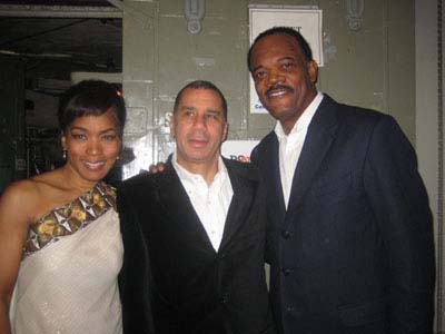 01-08-12 Cast members (L-R) Angela Bassett. Former Governor David Patterson. Samuel L. Jackson celebrate the 100th performance of "Mountaintop" backstage at the Bernard B. Jacobs Theatre. 242 West 45th St. Saturday night 01-07-12