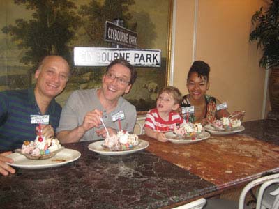 07-12-12 "Clybourne Park" cast members (L-R) Frank Wood. Jeremy Shamos. his son Lester. Crystal A. Dickinson taste the new Clybourne Park Neapolitan Sundae at Serendipity 3. 225 East 60th St. Wednesday morning 07-11-12