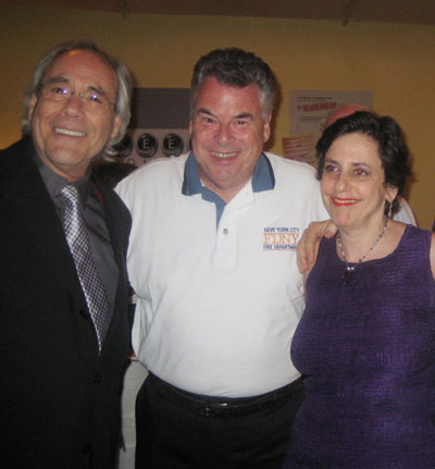 07-25-11 (L-R) Robert Klein. Congressman Peter King. playwright Susan Charlotte at the opening night party for "The Shoemaker" in the lounge of Theatre Row. 410 West 42nd St. Sunday night 07-14-11