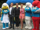 07-26-11 (L-R) Neil Patrick Harris. Hank Azaria. Jayma Mays at the unveiling of a Smurf Village in Central Park to kick off Smurfs Week NYC at Merchant's Gate in Central Park. 59th St at Columbus Circle.