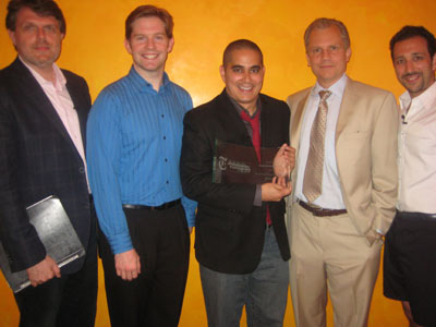 07-13-11 (L-R) Scott Heller. Rory O'Malley.Kristoffer Diaz. who received the 2011 New York Times Outstanding Playwright Award. the chairman of the New York Times. Arthur Sulzberger Jr. actor Demin Borges at The TimesCenter. 242 West 41st St. Tuesday afternoon 07-12-11
