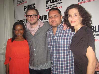 03-12-13 (L-R) Cast members Quincy Tyler Bernstine. Luke Robertson. playwright Guillermo Calderon. Bianca Amato at the opening night of "Neva" in the lobby of The Pubic Theatre. 2425 Lafayette St. Monday night 03-11-13