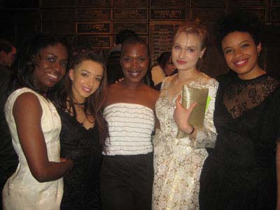 03-16-12 Cast members (L-R) Jameelah Nuriddin. Angelina Prendergast. playwright/director Kenyetta Lethridge. Clara Gabrielle. Daphne Gabriel at the opening night party for "Innocent Flesh" in the lobby of Actors Temple Theatre. 339 West 47th St. Thursday night 03-15-12
