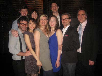 02-29-12 The cast and director Trip Cullman (left). playwright Leslye Headland (fifth center) and Artistic Director Tim Sanford (right) at the opening night party for "Assistance) at Heartland Brewery Eighth Ave & West 41stSt. Tuesday night 02-28-12