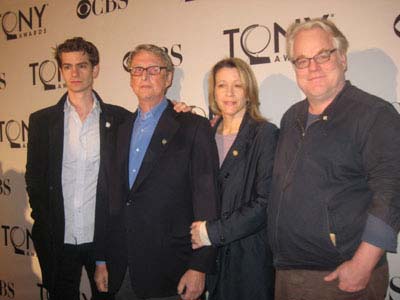 05-03-12 (L-R) Andrew Garfield. Mike Nichols. Linda Emond. Philip Seymour Hoffman at the 2012 Tony Nominees Reception at the Millennium Broadway Hotel. 145 West 44th St. Wednesday morning 05-02-12