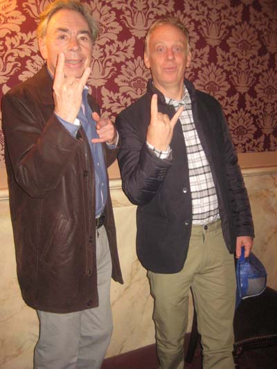 11-19-15 Composer Andrew Lloyd Webber (L) and Mike White screenwriter of the film "School of Rock" after the matinee performance of "School of Rock" at the Winter Garden Theatre. 1634 Broadway. Wednesday afternoon. 11-18-15.  Photo by:  Aubrey Reuben