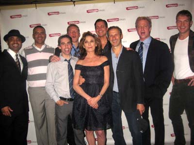 10-09-13 The nine cast members at the opening night party for "Bronx Bombers" at West Bank Cafe. 407 West 42nd St. Tuesday night 10-08-13. photo by: aubrey reuben