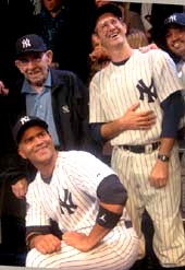 10-08-13 (L-R) (Standing) Legendary former New York Yankee Yogi Berra. cast members Richard Topol who plays Yogi. kneeling Christopher Jackson at the opening night for "Bronx Bombers" at The Duke on West 42nd St. Tuesday night 10-08-13. photo by: aubrey reuben