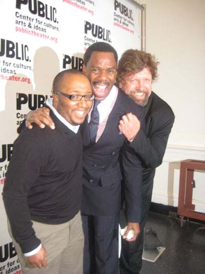 10-24-12 (L-R) Director Robert O'Hara. cast member Colman Domingo. Artistic Director Oskar Eustis at the opening night party for "Wild With Happy" in the lobby of the Public Theater. 425 Lafayette St. Tuesday night 10-23-12
