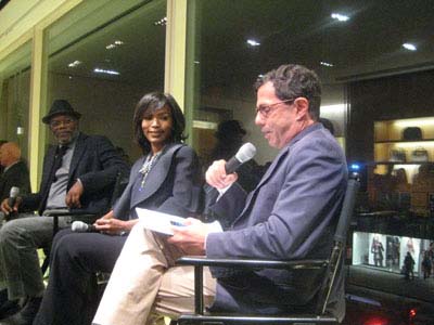09-09-11 Cast members of "Mountaintop" (L-R) Samuel L. Jackson. Angela Bassett and interviewer Adam Green at Giorgio Armani Boutique. 760 Madison Ave