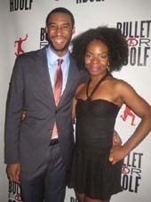 08-09-12 Cast members Tyler Jacob Robinson (L) and Marsha Stephanie Blake at the opening night party for "Bullet for Adolf" at Hurleys's. 232 West 48th St.