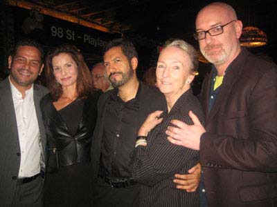 09-25-12 Cast members (L-R) Playwright Alexander Dinelaris. Florencia Lozano. Alfredo Narciso. Kathleen Chalfant. director Ken Rus Schmoll at the opening night party for "Red Dog Howls" at Phebe's. 359 Bowery. Monday night 09-24-12