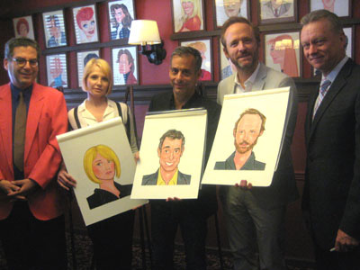 06-03-11 (L-R) Michael Musto. Ellen Barkin. Joe Mantello. John Benjamin Hickey. Max Klimavicius at the caricature unveiling at Sard's. 234 West 44th St. Thursday night 06-01-11