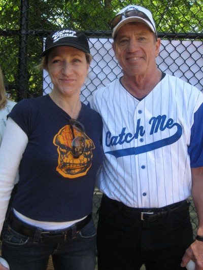 05-13-11 Broadway actors Edie Falco and Tom Wopat prepare to throw out the ball to begin the 57th season of The Broadway Show League at Central Park's Hecksher Ballfields. Field #2. Central Park West & 63rd St. 