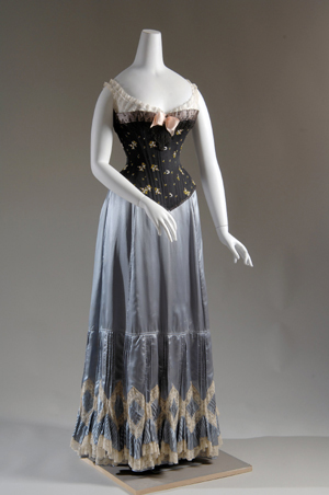 Corset, chemise, and petticoat circa 1903, black satin, white cotton, blue satin, USA.