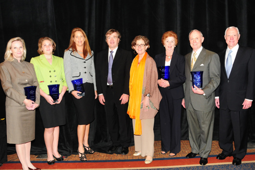Heather Kraeger, president, Sammons Dallas Foundation OUTSTANDING FOUNDATION; Leah Prager, OUTSTANDING YOUTH IN PHILANTHROPY;  Holly Reid, regional VP for AT&T  OUTSTANDING CORPORATION; David Krause, president and CEO Parkland Foundation, OUTSTANDING FUNDRAISING EXECUTIVE; Diana McKnight, Greater Dallas Chapter of Association of Fundraising Professionals, National Philanthropy Day Luncheon Chair; Cecile M. Bonte, OUTSTANDING VOLUNTEER FUNDRAISER; Robert Hallam, chairman and CEO, Ben E. Keith and Howard Hallam, president and COO, Ben E. Keith, AND OUTSTANDING PHILANTHROPISTS