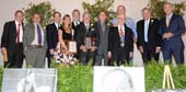 Richard Cohen, inductee; Buzz Bissinger, inductee; Glenn Fine, inductee; Lisa Hoffstein, inductee; Stephen H. Frishberg, board chair; Phil Kendall, accepting on behalf of George Katz; Rich Yankowitz, inductee; (front) Al Schrier, board member; (behind Al), Lewis Katz, Pillar of Achievement recipient; Fred Shabel, inductee; and Michael Barkann, master of ceremonies and Hall of Fame member