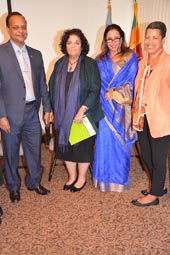 H.E. Sabarullah Khan, Ambassador and Deputy Permanent Representative of the Permanent Mission of Sri Lanka at the UN, Margo LaZaro, co-chair, NGO Committee on Sustainable Development; Sonali Samarasinghe, Minister Counsellor of the Permanent Mission of Sri Lanka to the UN; Yvonne O'Neal, Co-chair, NGO Committee on Sustainable Development-NY