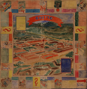 This handmade gameboard of a Monoply-like board game was made for