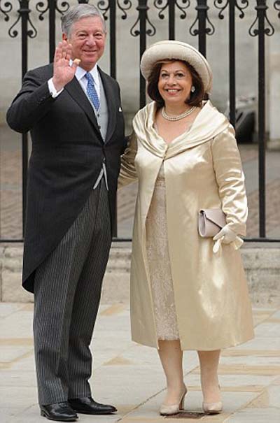 Crown Prince Alexander II of Serbia and Crown Princess Katherine arrive at the West Door of Westminster Abbey for the wedding of Britains Prince William and Kate Middleton in London on April 29, 2011. Photo by: CARL DE SOUZA/AFP/Getty Images