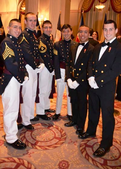 C/CPT Rod D'Angelo Torres'15,NUCC, CDT Phillip M. slack'15, NUCC,Matthew Agaman, C/CPT Teerawurt Praiwal'15, NUCC, E.J Cunningham, Denis Daly. Photo by: Rose Billings/Blacktiemagazine.com