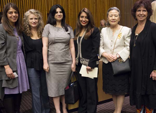 Manhattan, NY - October 16, 2014: Mrs. Ban Soon-taek stands for a photo with Nancy Abraham, filmmaker Cynthia Hill, Elizabeth Flores U.N. Ambassador of Honduras, Muna Rihani Al-Nasser, and (far right) Kit Gruelle at the UN Women at the UN Women for Peace Association's private screening of HBO's Private Violence at the UN Headquarters in Manhattan.  Photo by: Julie Platner for the UN Women's Peace Association