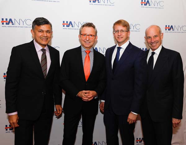 Vijay Dandapani, President and CEO, Hotel Association of New York City; Thomas Schumacher, President & Producer, Disney Theatrical Productions; David Marriott, Chief Operations Officer, The Americas  Eastern Region,Marriott International; Jonathan Tisch, Chairman & CEO, Loews Hotels. Photo by:   Ronald L. Glassman