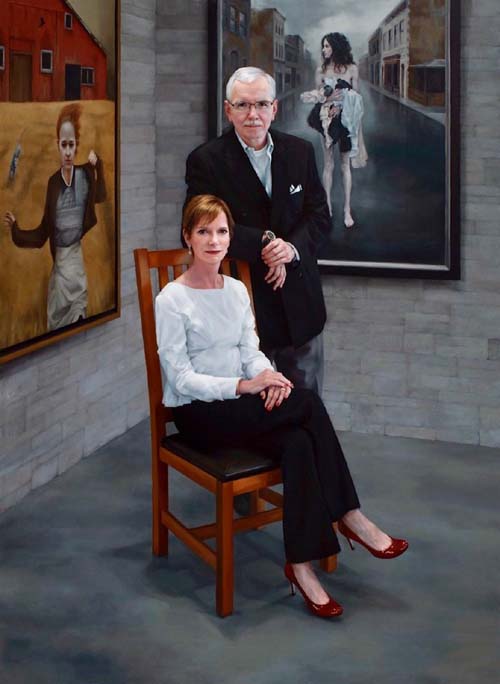 Katie O'Hagan, Portrait of the Collectors Steven Alan Bennett and Dr. Elaine Melotti Schmidt, oil on canvas, 78"x58" 2016