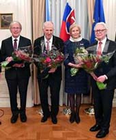 Ladislava Begeç, the Consul General of Slovakia in New York; Miroslav Lajčák, President of the United Nations General Assembly; John Palka, award-winning professor and author; George Sipko PhD, Founder, of KOGER, a global financial services technology company, who currently serves as its Managing Director and Chief Technology Officer; Marica Vilcek, Cofounder, Vice Chairman and Secretary of the Vilcek Foundation; Dr. Jan T. Vilcek, research professor at New York University School of Medicine and Cofounder, CEO and Chairman of the Vilcek Foundation; and Michal Mlynár, Slovakia's Ambassador and Permanent Representative to the United Nations