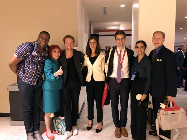 Graduate students of psychology, Columbia University Teachers College who took Dr. Judy’s class in “Psychology and the United Nations: Yves Augustin, Clint Hougen and Emma Wookey, with Pierre-David Jean, Khawla Nasser AlDeen, youth representative of the International Association of Applied Psychology