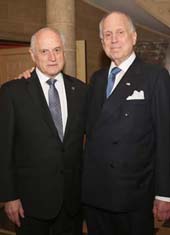 Honoree Ronald S. Lauder (R) and Malcolm Hoenlein, Executive Vice Chairman/CEO, Conference of Presidents . Ambassador Ronald S. Lauder Receives The Shimon Peres Peace & Innovation Award on September 13, 2018 in New York City. Photo by: Noa Grayevsky/Getty Images for JCS International