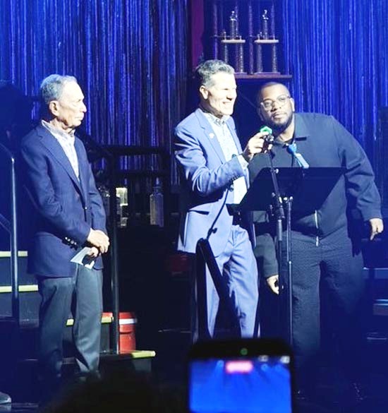 Mayor Bloomberg on stage with directors Bill Rauch and Zhailon Levingston