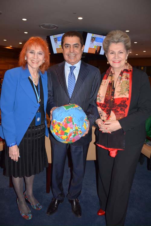 Dr. Judy Kuriansky, Psychology Professor at Columbia University Teachers College and UN NGO Representative of the International Association of Applied Psychology; H.E. Mr. Nassir Abdulaziz Al-Nasser, High Representative for the United Nations Alliance of Civilizations and former permanent representative of Qatar to the UN, holding a soft globe called Hugg-A-Planet, made by toy manufacturer Robert Firenze as a symbol of world peoples coming together; and Her Excellency Ambassador Katalin Bogyay; Permanent Representative of the Mission of Hungary to the UN. Photo by: Rose Billings/Blacktiemagazine.com;