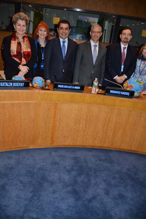 H.E. Ambassador Katalin Bogyay, Permanent Representative of the Mission of Hungary to the UN; Dr. Judy Kuriansky, Psychology Professor at Columbia University Teachers College and UN NGO Representative of the International Association of Applied Psychology; H.E. Mr. Nassir Abdulaziz Al-Nasser, High Representative for the United Nations Alliance of Civilizations and former permanent representative of Qatar to the UN; Mr. Mohammed Sahib Meji Marzooq, Deputy Permanent Mr. Representative of the Mission of Iraq to the UN; H.E. Hamid Al-Bayati, former Ambassador of Iraq to the UN.. Photo by: Rose Billings/Blacktiemagazine.com