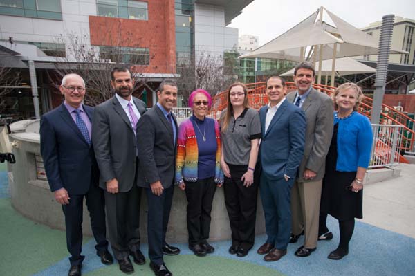 rent Polk, MD, chair of Pediatrics at Children’s Hospital Los Angeles (CHLA); Steven Baum president of the Epilepsy Foundation of Greater Los Angeles (EFGLA) Board of Trustees; Andrew Gumpert, treasurer and trustee, EFGLA; Wendy Mitchell, MD, acting head of CHLA’s division of neurology; Deborah Holder, MD, neurology; Mark Borman, vice president and trustee, EFGLA; Paul Viviano, CHLA president and CEO; Susan Pietsch-Escueta, EFGLA executive director. Photo courtesy of CHLA