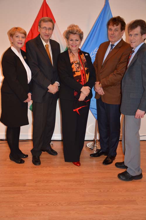 Prof.Jody Jensen,Prof.Attila Pok,H.E.Ambassador Katalin Annamaria Bogyay Permanent Representative of Hungary to the UN,Prof.Ferenc Miszlivetz,Prof.Mark Kramer.  Photo by:  Rose Billings/Blacktiemagazine.com
