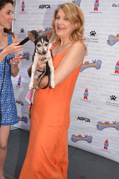 Victoria Clark and dog Moo with interviewer Felicia Greenfield.  Photo by:  Rose Billings/Blacktiemagazine.com