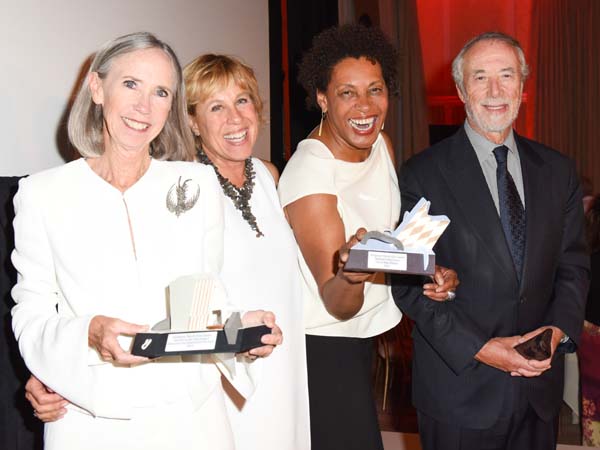 Anderson Ranch Arts Center Executive Director Nancy Wilhelms with National Artist Award honoree Carrie Mae Weems and Service to the Arts Award honorees Eleanore and Domenico De Sole at Anderson Ranch's 50th Anniversary Celebration & Recognition Dinner. Photo by Owen Kolasinski/BFA.com